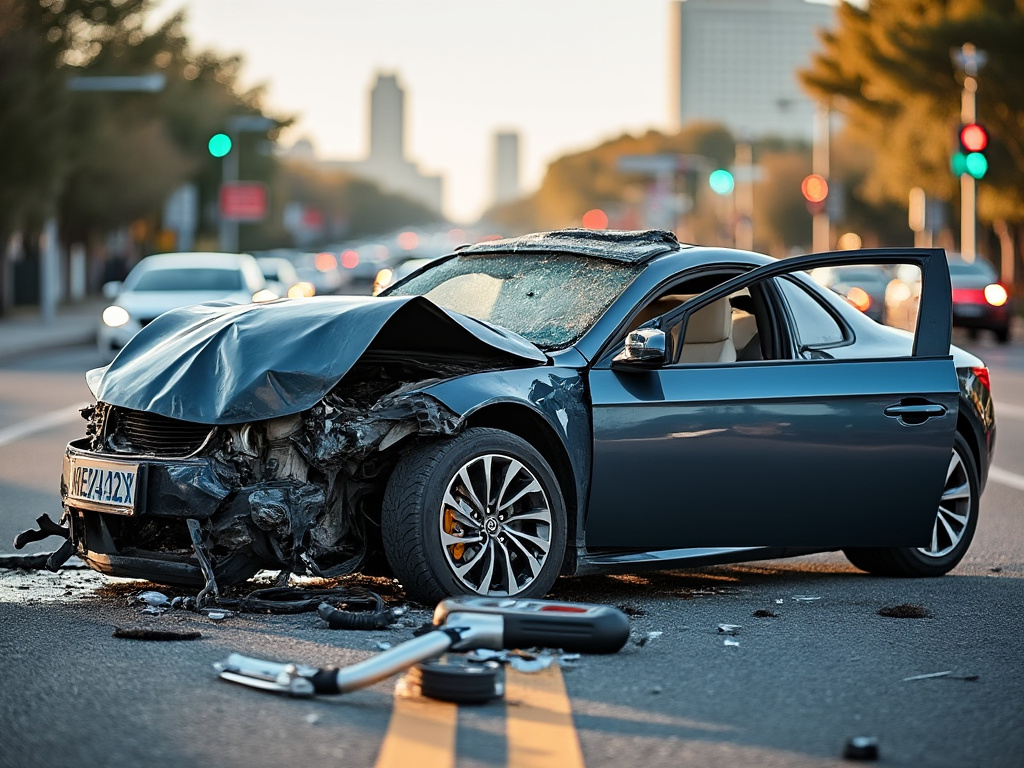 Un coche verde destrozado tras un accidente en San José, California