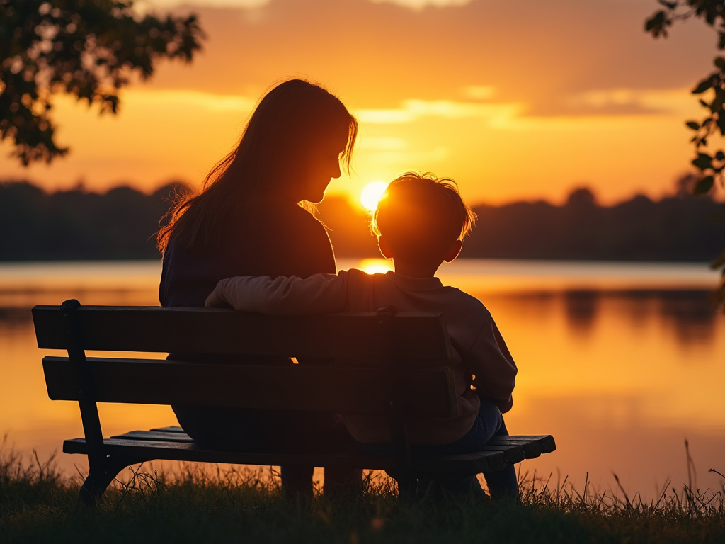 A mother and son on a bench watching a sunset